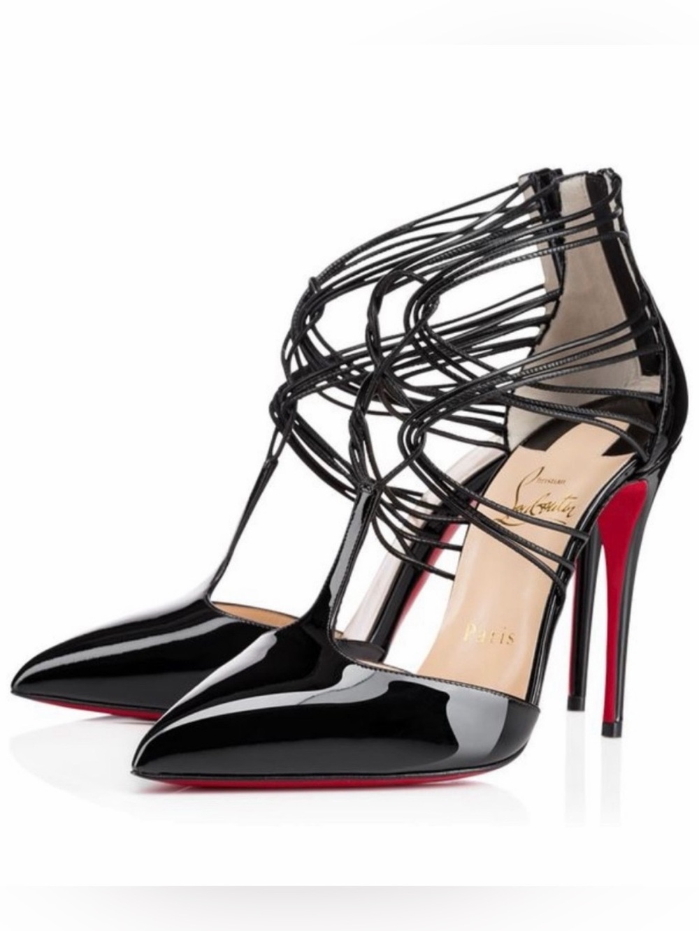 Christian Louboutin Confusa Black Patent Leather Strappy Pointed Toe Pumps